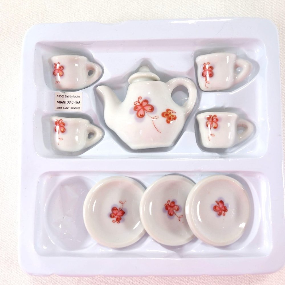 Miniature Ceramic Tea Set Butterfly Motif for Dolls or Dollhouse 9 Pieces